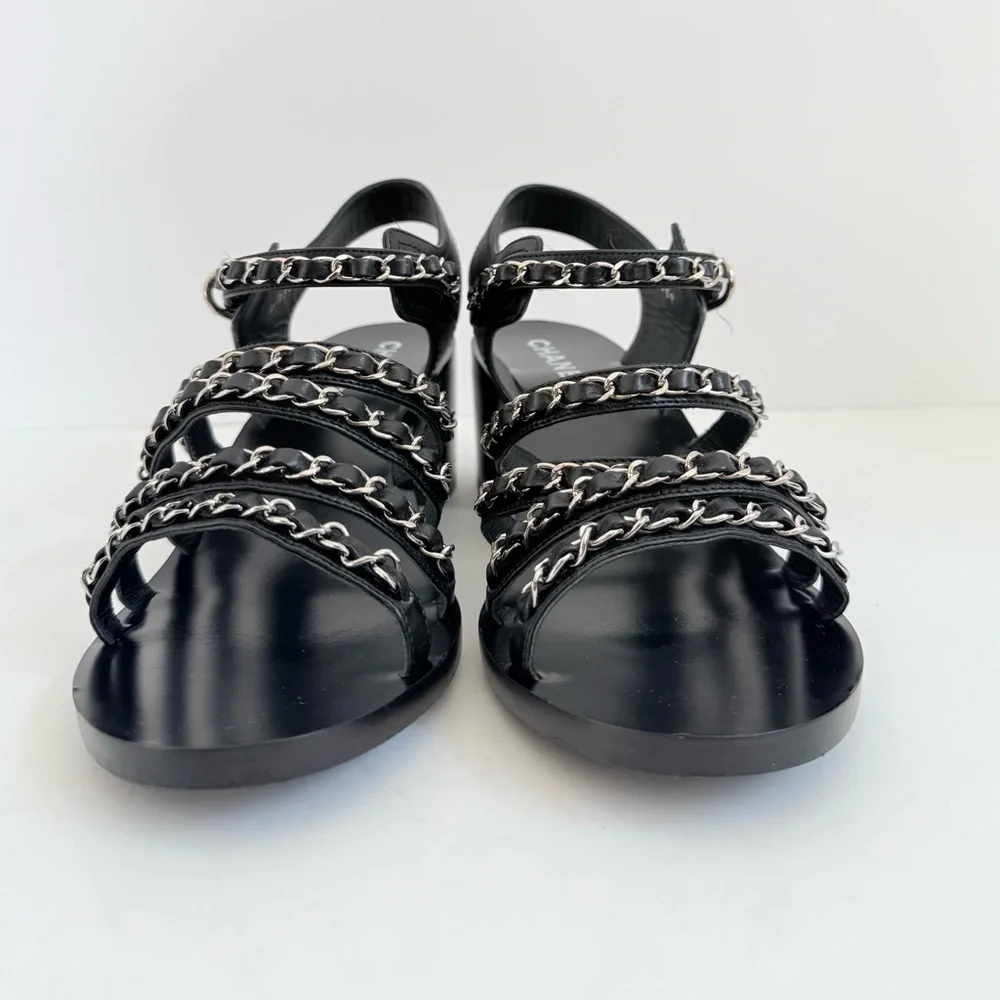 Chanel 20C Chain Strap Sandals Black Calfskin Silver Chain Heel Sandals EU 39.5